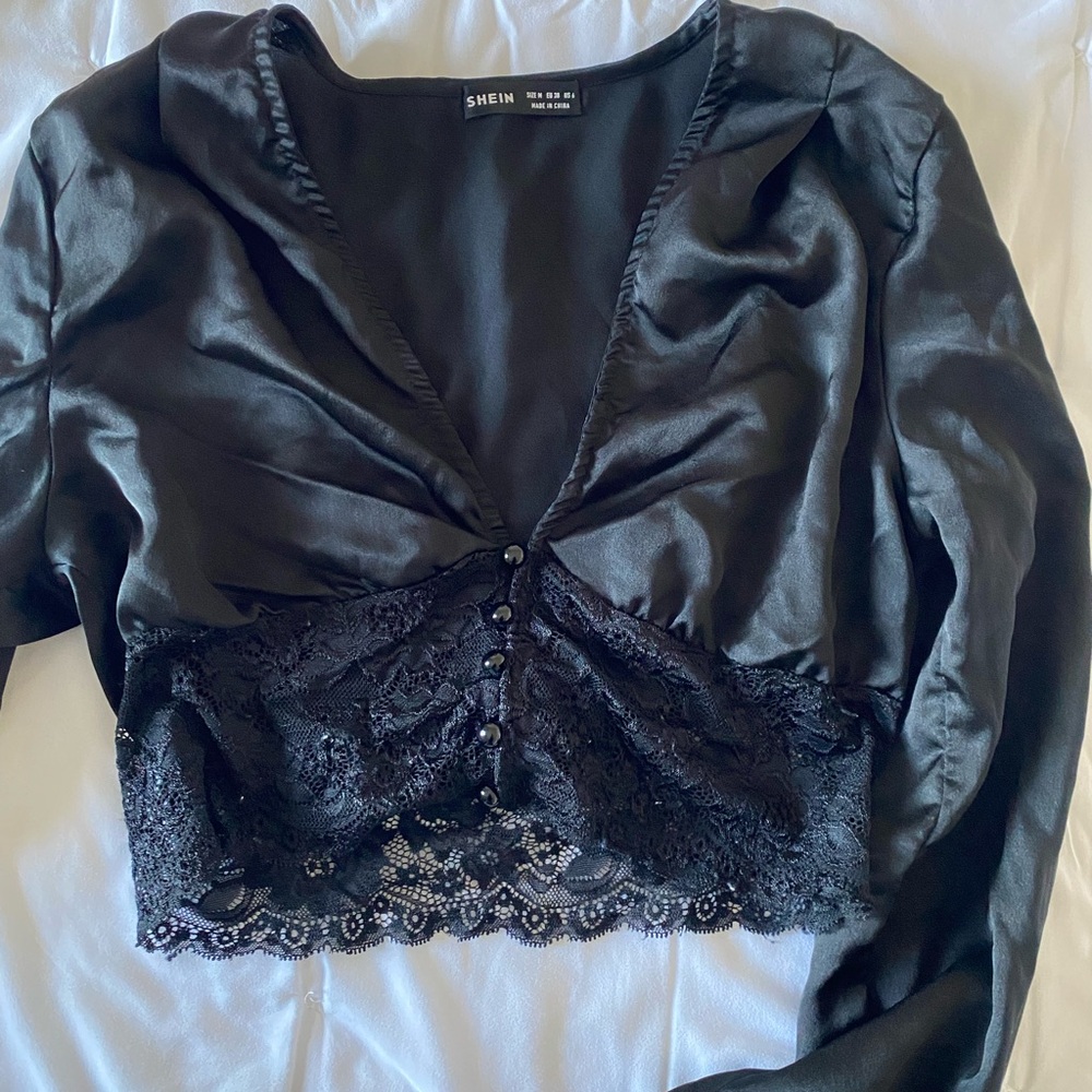 SHEIN Black Satin V-Neck Blouse